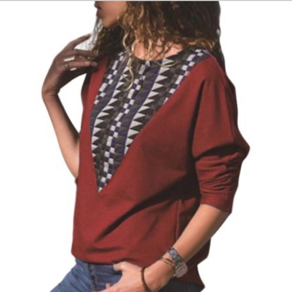 Burgundy long sleeve colorblock aztec loose fit top Sz XL - Picture 1 of 5